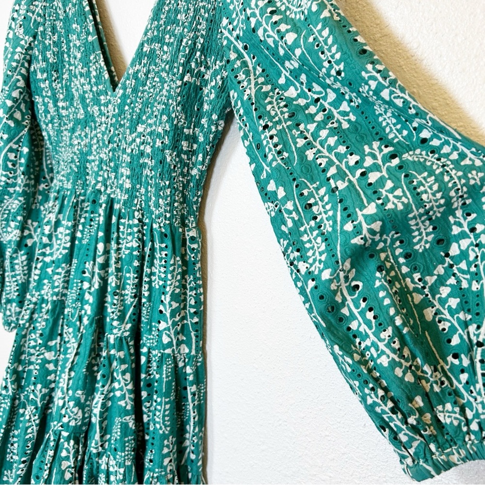 Rixo Sasha Teal Eyelet Mini Dress Small Puff Sleeve Resort Wear Coquette Beach - Picture 4 of 11